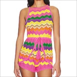 SPELL Ziggy Sleeveless Crochet Romper in Sorbet Stripes Size XL